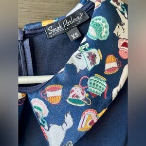 Smak Parlour Kittens and Teacups Navy Blue Peter Pan Collar Skater Dress XS